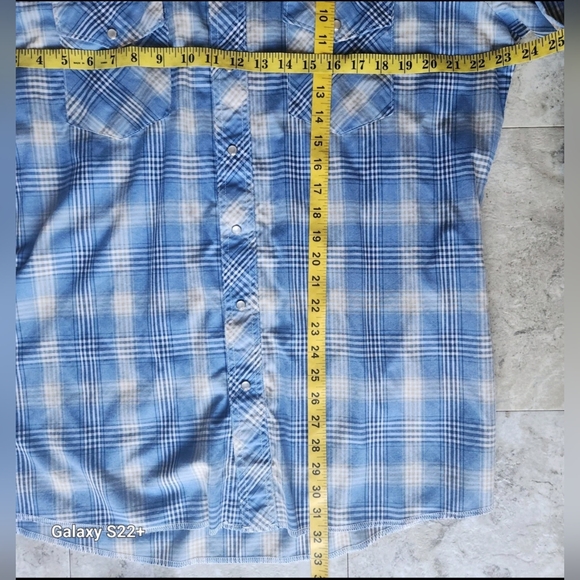 M77 Wrangler Western Shirts Blue & White Plaid Pearly White Snaps Size Lrg Tall - Picture 7 of 8